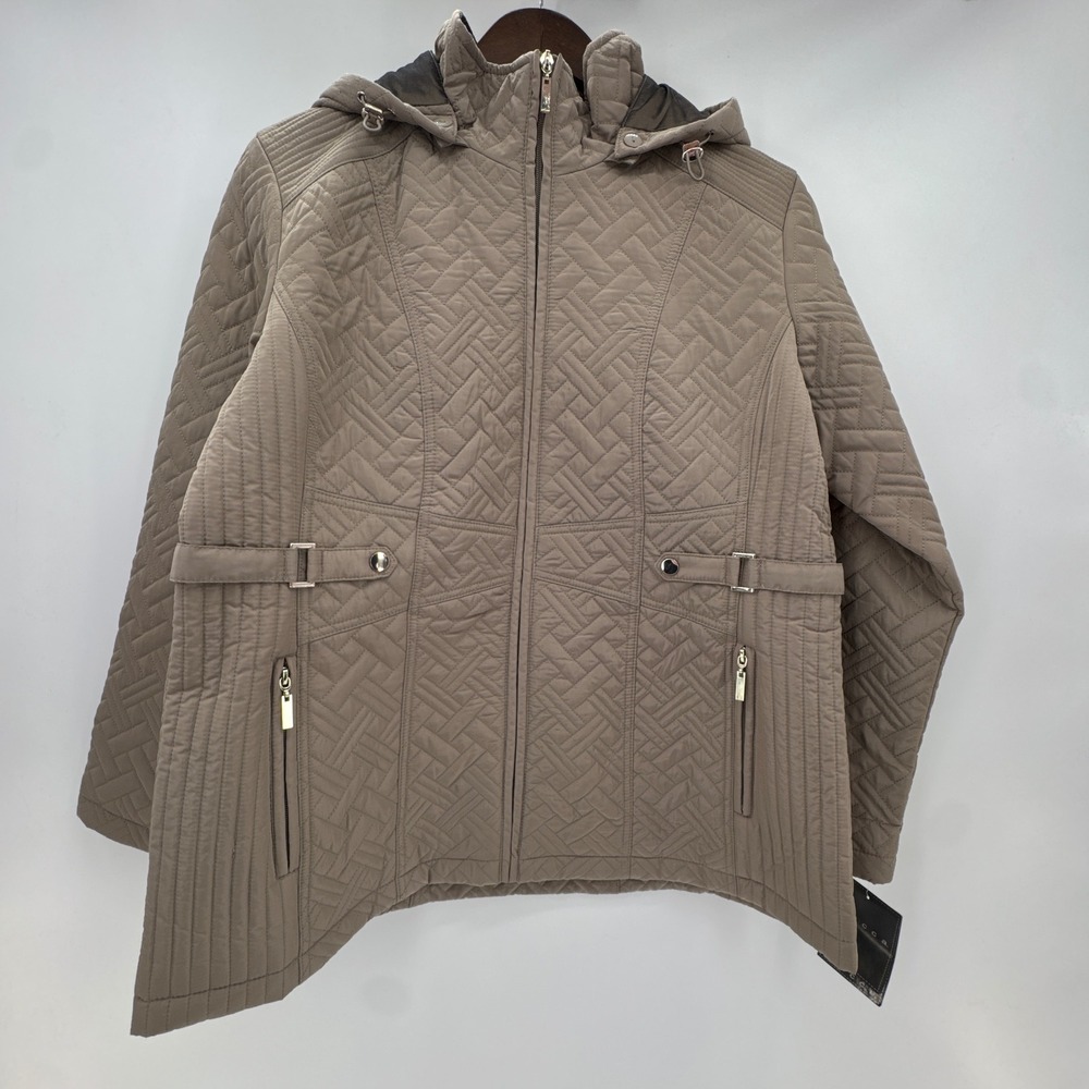 Giacca Quilted Jacket Womens XL Mushroom Tan Basketweave Hooded Zip Up Hiking